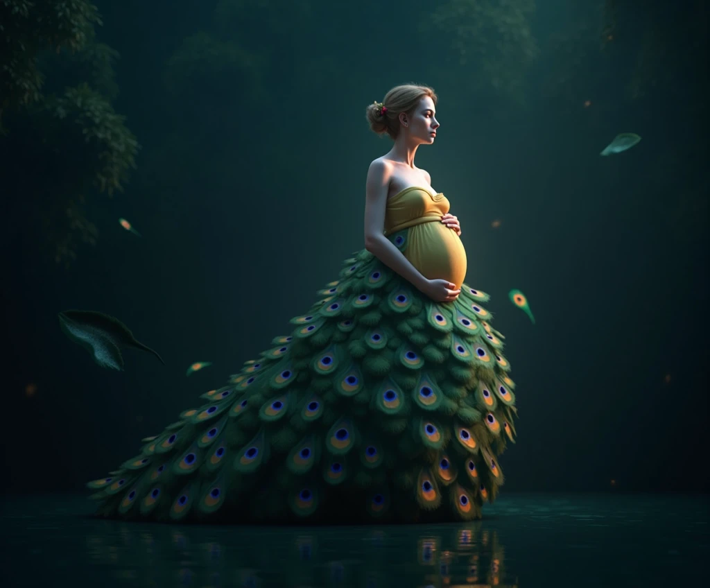 Make a realistic peacock feather dress humanoid features of a pregnant woman, full body shot dress should be look like make peacock feather . hig hress image . green background peackock freather in background , light come from right side dreammy effect