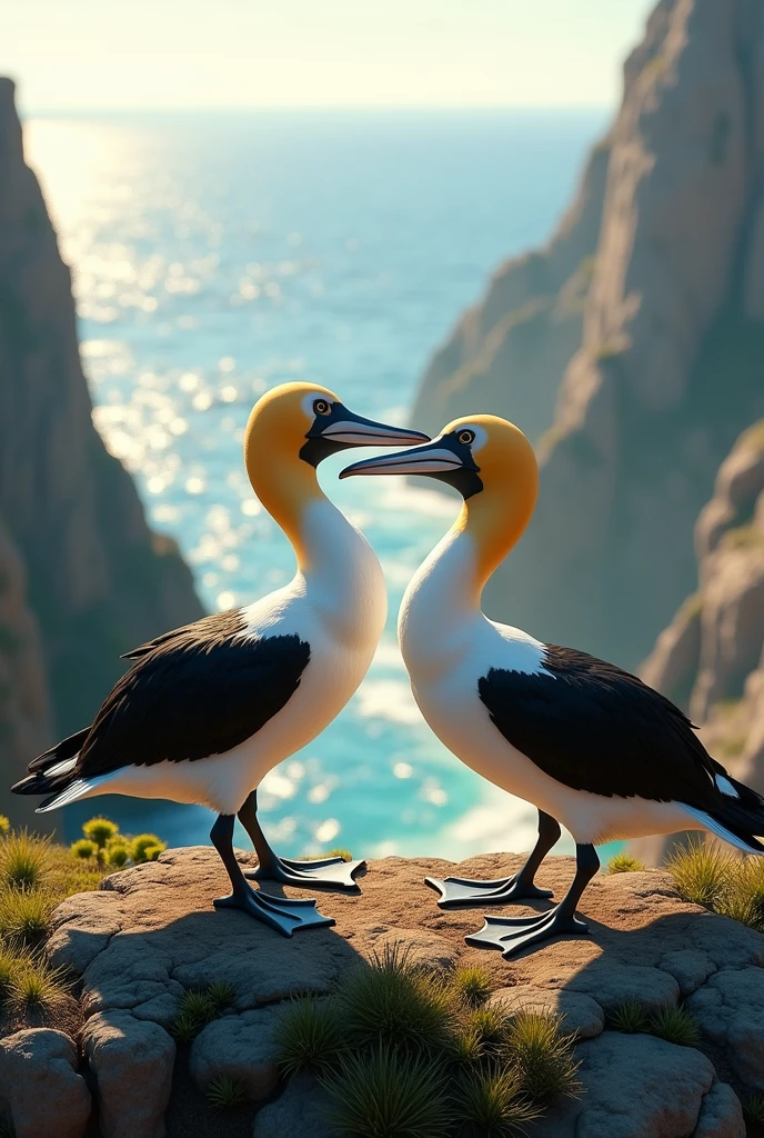2 gannets rubbing their beaks on a cliff