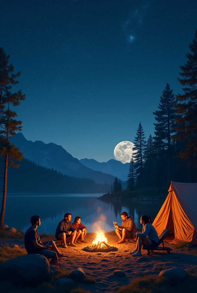 starry skies、camp、barbecue、tent、lake、night、full moon、Realistic、raw、Photorealistic、Super detailed、high resolution、high quality、