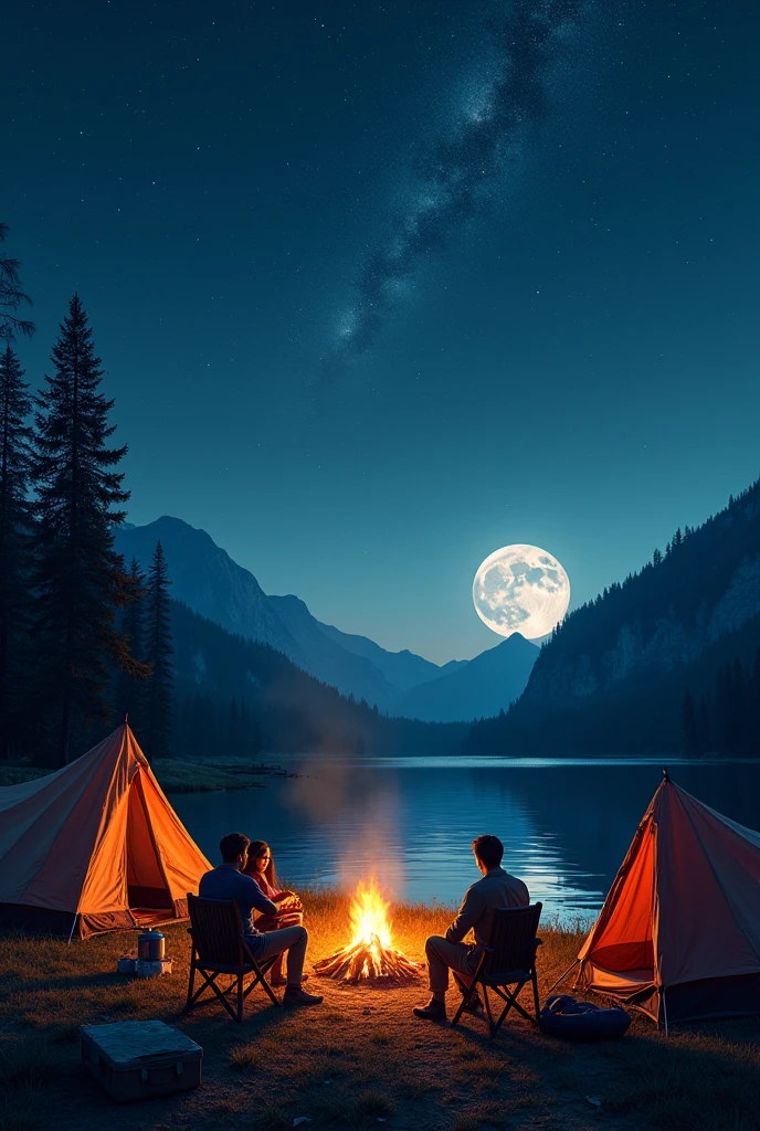 starry skies、camp、barbecue、tent、lake、night、full moon、Realistic、raw、Photorealistic、Super detailed、high resolution、high quality、