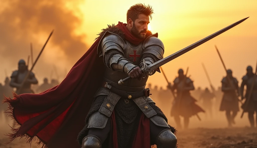(masterpiece, best quality:1.5), (focused on the protagonist:1.4), (short hair, rugged, battle-worn face:1.3), intense expression, medieval knight, cross-emblazoned armor, sword mid-swing, powerful downward strike, dynamic motion, muscles tensed, dust and debris flying, battlefield setting, scattered enemies in the background, sunrise casting golden light, dramatic shadows, cinematic lighting, (front view, centered, full-body shot), cape flowing with the motion, wind sweeping through the battlefield, (hyper-detailed, ultra-realistic:1.4)