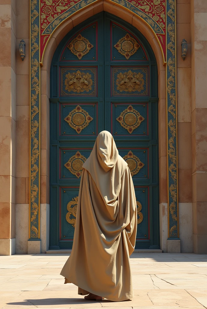 Man in beige robe in front of the gate of the palace of the king of Persia add vibrant color to the gate