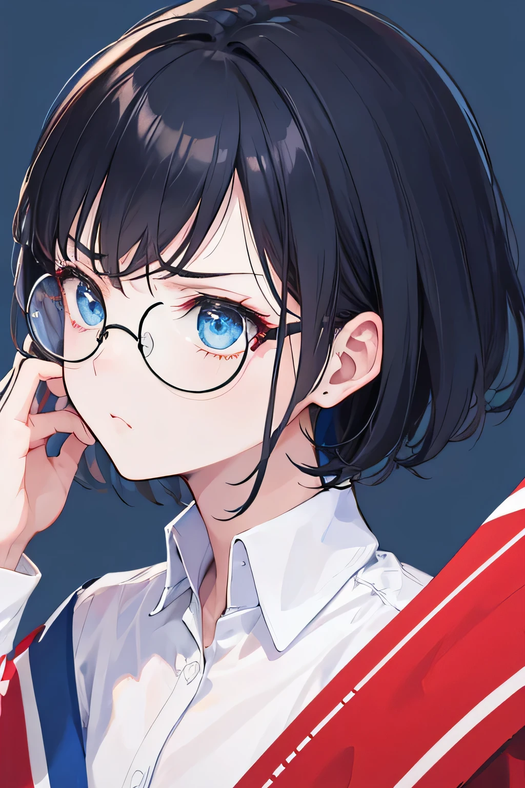 ((best quality)), ((masterpiece)), (detailed), 1girl, dark blue background, blue, indonesia flag, black short hair, round glasses, white shirt, sad face, sad, angry face, close up, indonesia flag, indonesian,