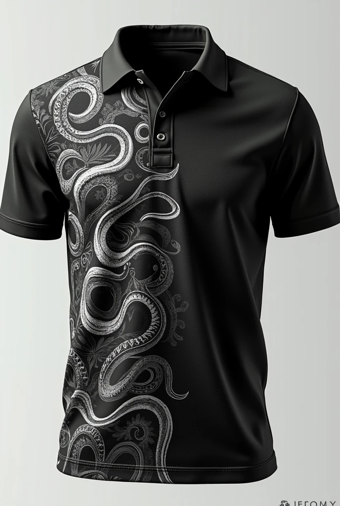 Generate black polo shirt image with math and kraken based pattern.