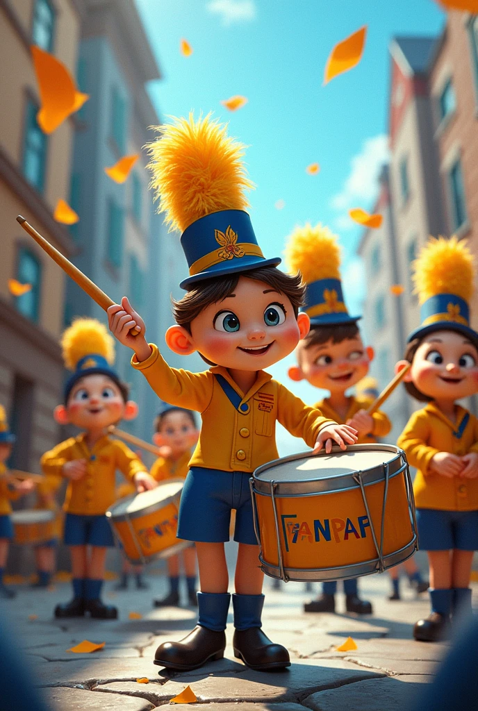 A marching band with several people and them in a row with the drum instruments in their hands playing, and their clothes are yellow with dark blue and the name FANPAF in the image, and the image in the form of a Disney drawing