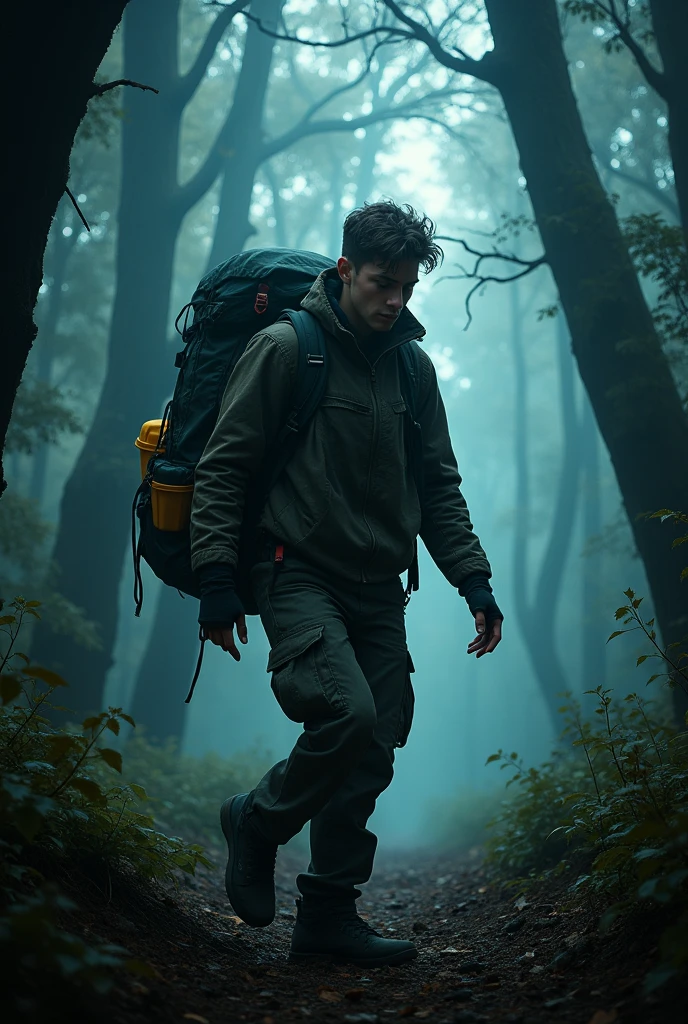 A young man carrying a camping bag felt dizzy in the spooky forest