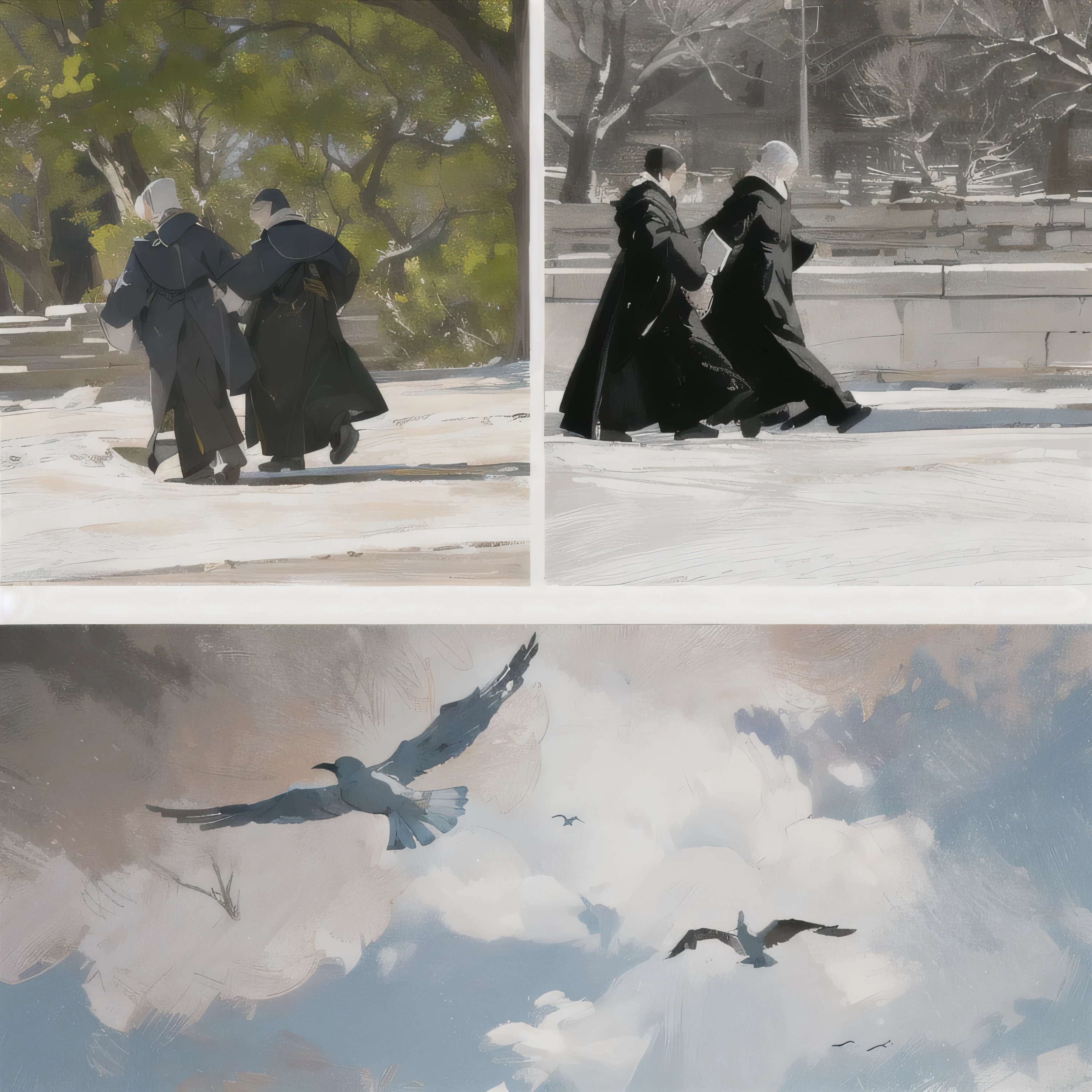 silhouette of two priests walking amid nature, blue sky with birds flying. Cartoon style, drawing style.