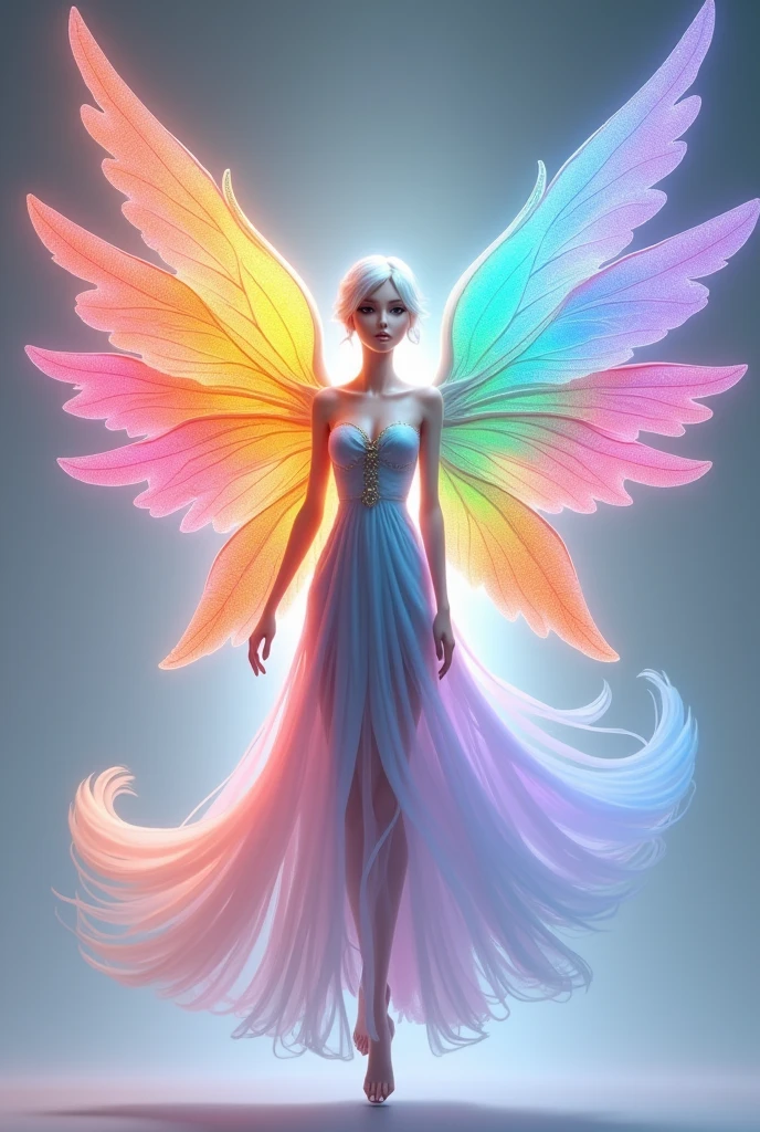 A neat angel with 6 wings of different colors、One person,((((All 6 wings are different colors.))))、 (((ドレス姿1.5))), ((((3 pairs of 6 wings:2.0)))), Beautiful angel, (((The upper wing is warm colored, the middle wing is iridescent, and the lower wing is cool colored.))), (rainbow colop body), 2 tails, Holographic, (The wings are symmetrically paired;1.8), Rainbow gradient