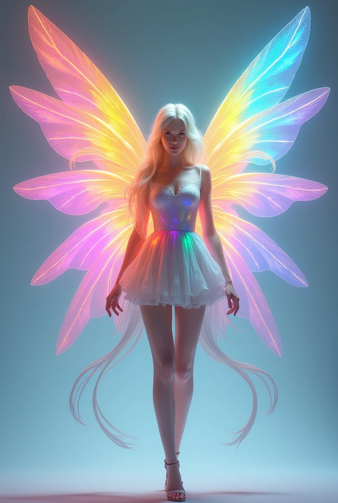 One person,((((All wings are different colors.))))、 (((ドレス姿1.5))), ((((3 pairs of 6 wings:2.0)))), Beautiful angel, (((The upper wing is warm colored, the middle wing is iridescent, and the lower wing is cool colored.))), (rainbow colop body), 2 tails, Holographic, (The wings are symmetrically paired;1.8), Rainbow gradient

