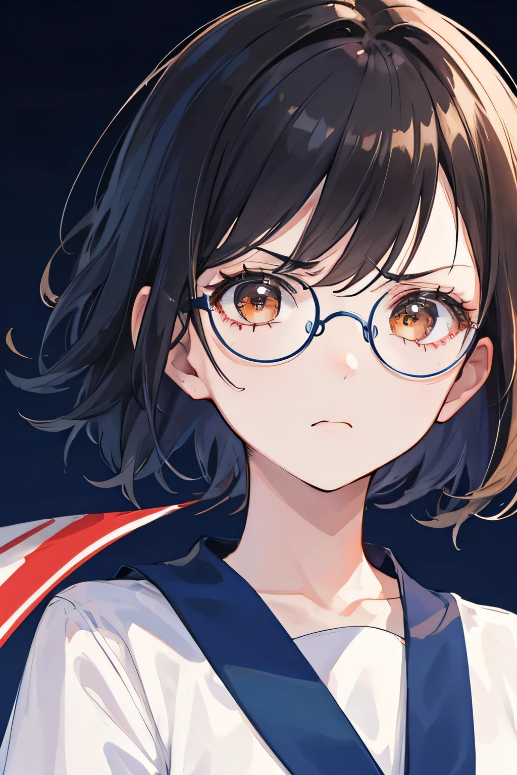 ((best quality)), ((masterpiece)), (detailed), 1girl, dark blue background, blue, indonesia flag, black short hair, round glasses, white shirt, sad face, sad, angry face, close up, indonesia flag, indonesian, blue navy background, indonesian flag, brown eyes,