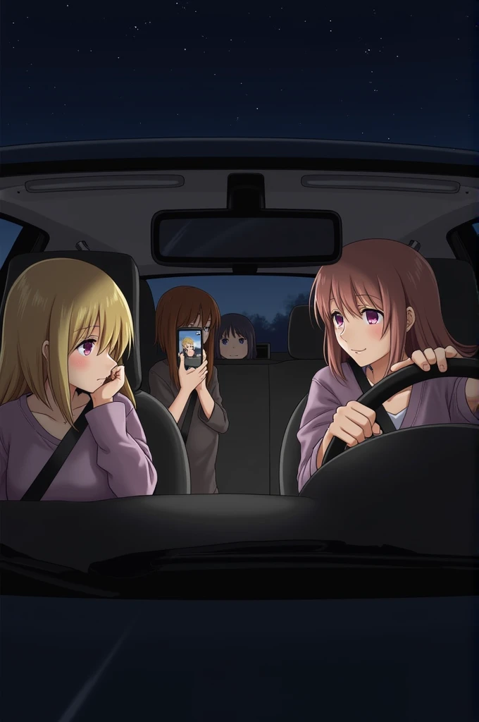 Sitting next to the driver's seat in the car at night, the girl with blonde hair and one sitting in the back seat has blonde hair and a little long hair, and the others have medium and brown hair, and the girl next to the driver's seat with short hair takes pictures of everyone with the driver..