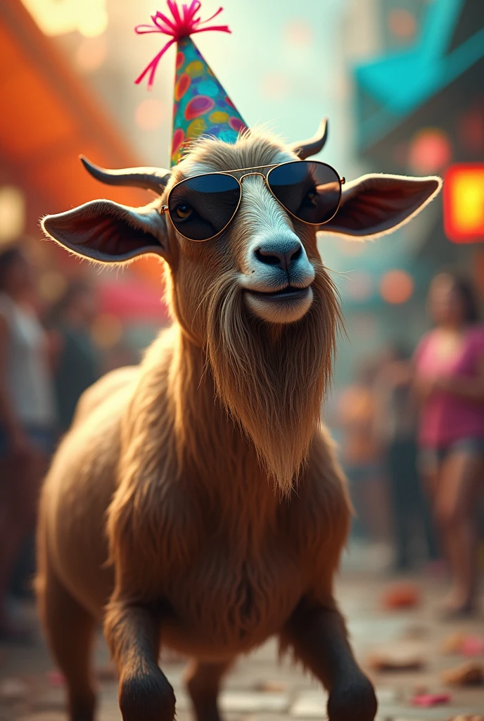 Cool goat with beard and sunglasses wearing birthday hat dancing