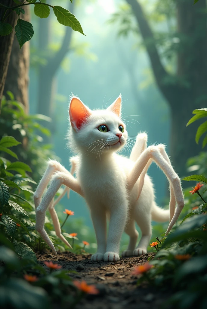 A white cat convart a white spider cat in jungle