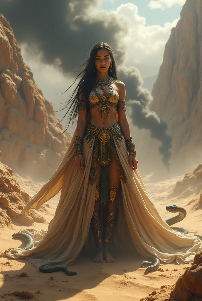 Young lady Queen of snakes in sand mountain area woth black smoke