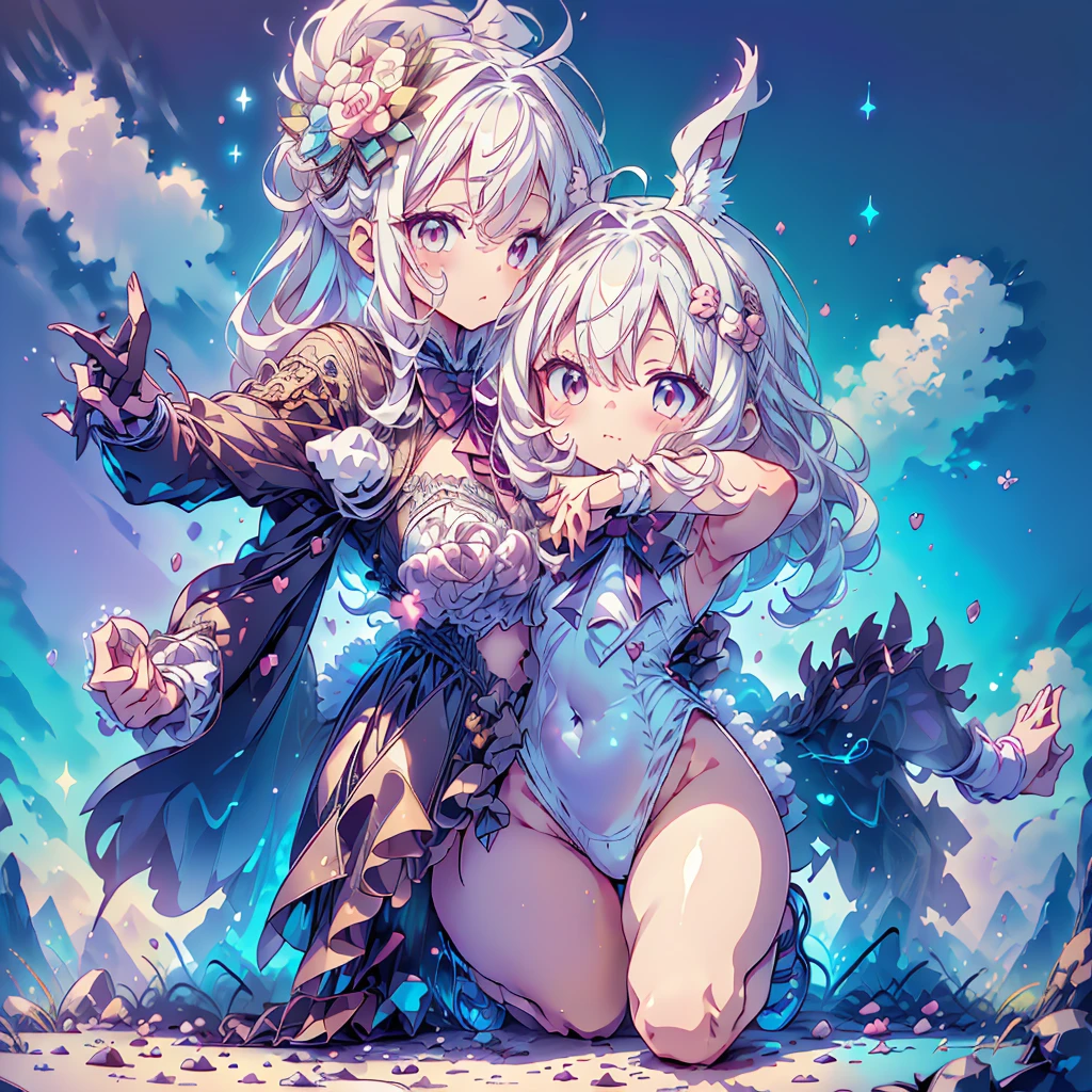Perfect Anatomy、Perfect human body、Super detailed、Highest quality、Masterpiece、Award-winning works、A cute little guy wearing a rabbit costume、fluffy、Loose、pastel colour、Highest quality、Masterpiece、Milky white hair color、kawaii tech,Unique and cute outfits、