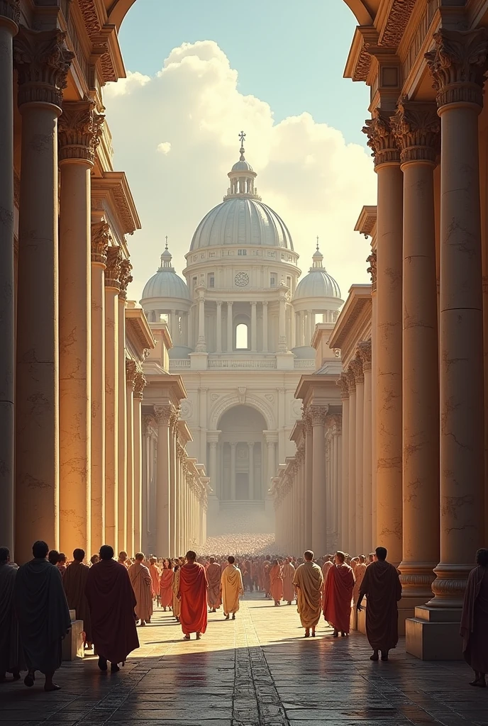 Create an image where you can appreciate Roman architecture in its best times where all its buildings are well built.
