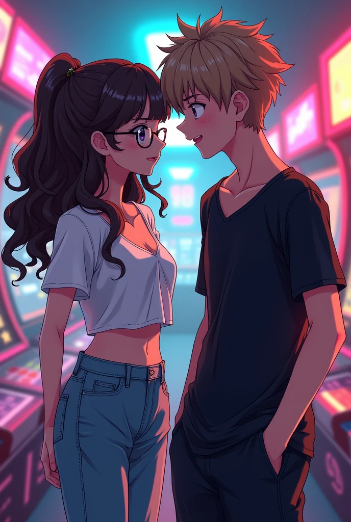 Anime style, arcade friendly
 NO touching
, girl with long and  slightly curly dark brown hair and glasses,her clothes are showing her breasts with a V cut shirt but wears baggy jeans and the boy has light brown hair and wear an all black outfit while his shirt is tight 