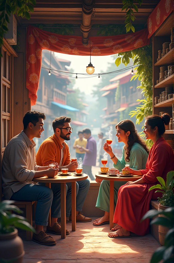 People chatting and drinking tea in a Neplese tea shop
