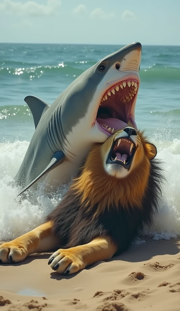 Great White Shark agresive jumoing on a dead African Lion by the sea shore