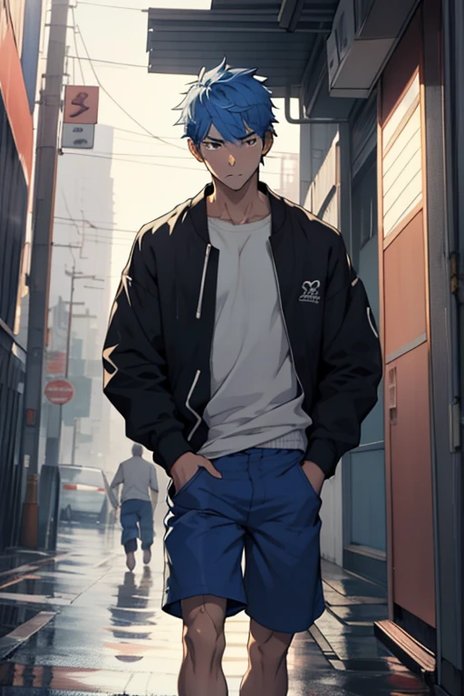 In the morning city, there's a slender and mascular young man in his blue shorts. He is running. He is pissing himself. His pants has a pee wet spot at the bulge of his pants . His pee is dropping off from his pants. There's pee puddles on the floor. He is holding his crotch to stop peeing. He looks embarrassed. Anime.
