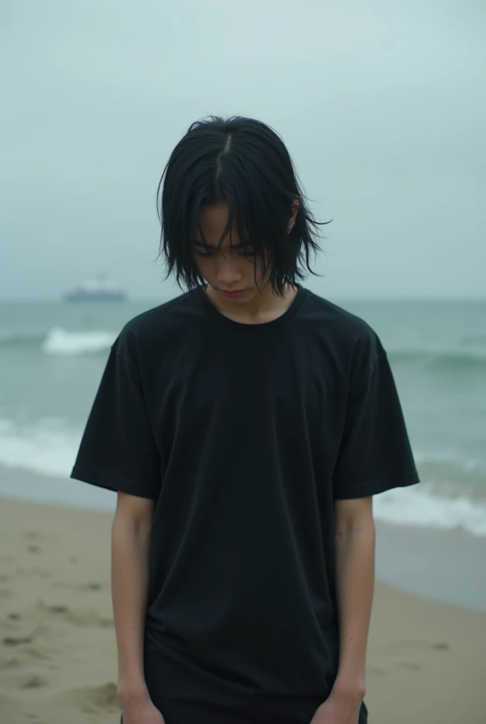 Boy with depression、Japanese、Long Hair、Black T-shirt、Look down、Real、Sandy Beach、Cloudy、