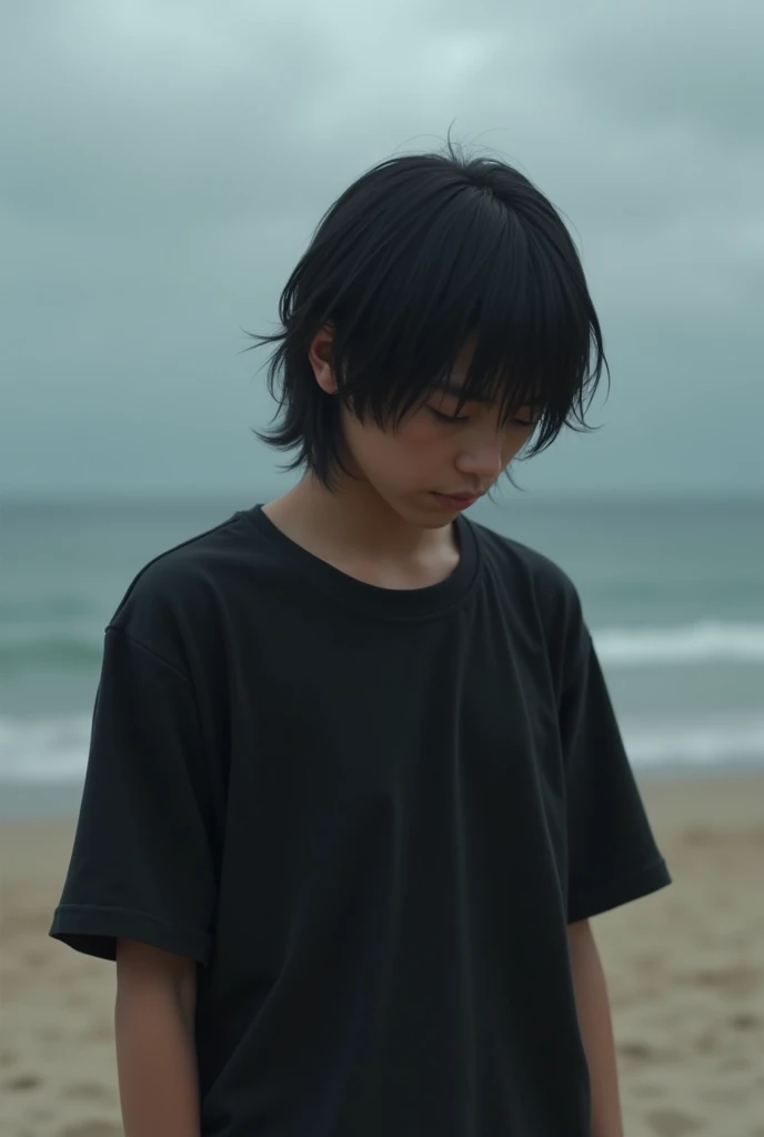 Boy with depression、Japanese、Long Hair、Black T-shirt、Look down、Real、Sandy Beach、Cloudy、