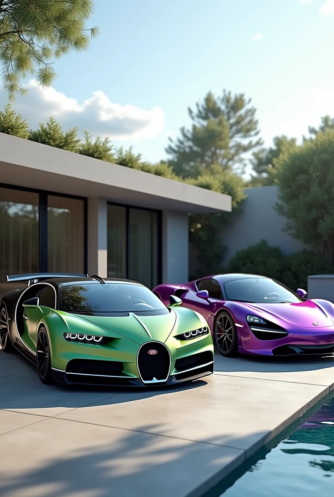 Black Bugatti veyron next to a light Green Lamborghini aventador and a purple Porsche 918 on a parking area with a big modern House with Pool and big Windows in the background