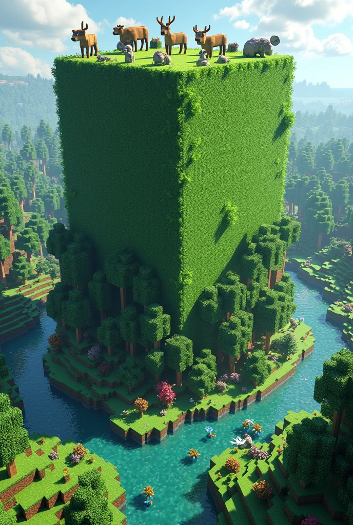 Create a giant minecraft grass block image with a tree, animals,rivers, and zombies
