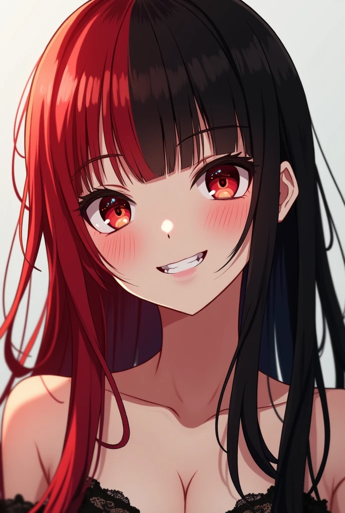 Red and black hair、Anime Girl, Sexy Appearance, 18 years of age or older, Smirking face、Straight bangs、Long Hair, Double teeth