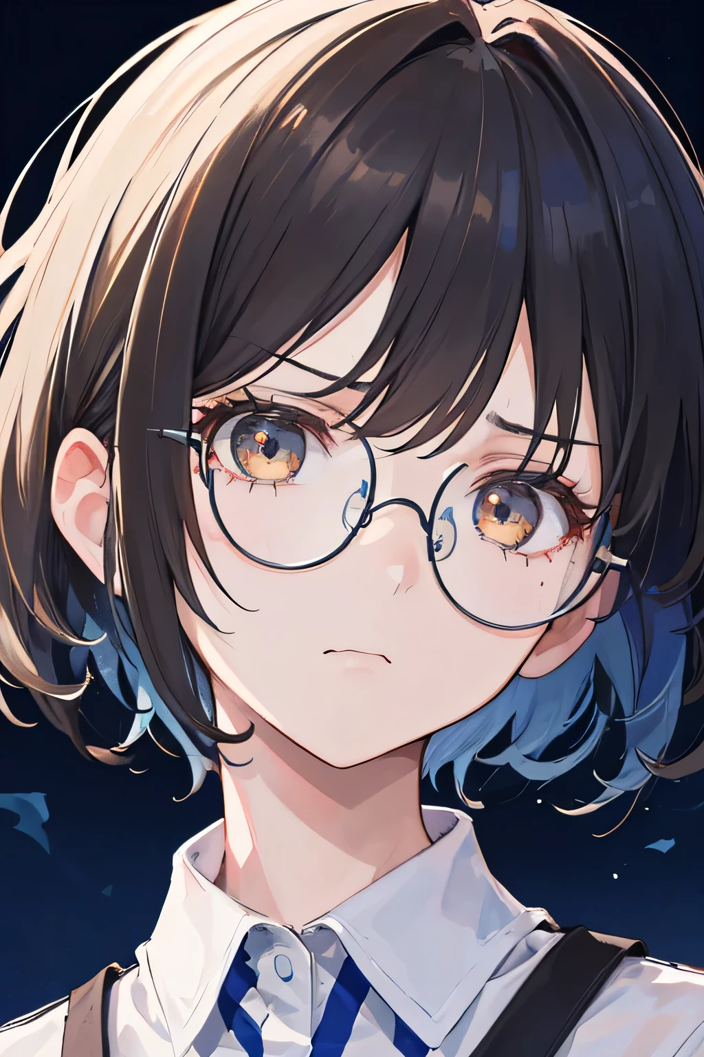 ((best quality)), ((masterpiece)), (detailed), 1girl, dark blue background, blue, indonesia flag, black short hair, round glasses, white shirt, sad face, sad, angry face, close up, indonesia flag, indonesian, blue navy background, indonesian flag, dark brown eyes, 