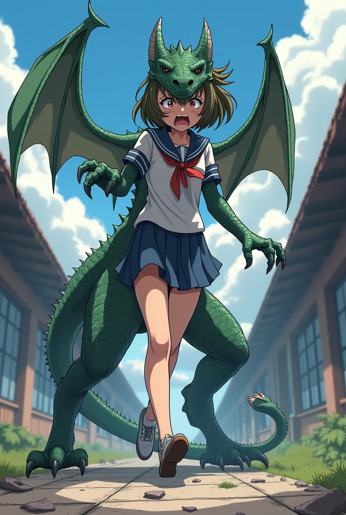 A girl's lower_body is transforming into a dragon(four dragon legs)(scared)(Japanese anime style)(scared and crying)(three dragon tails)(dragon wings)(dragon angles)(dragon ears)(broken student costume(
)(dragon 1:5)