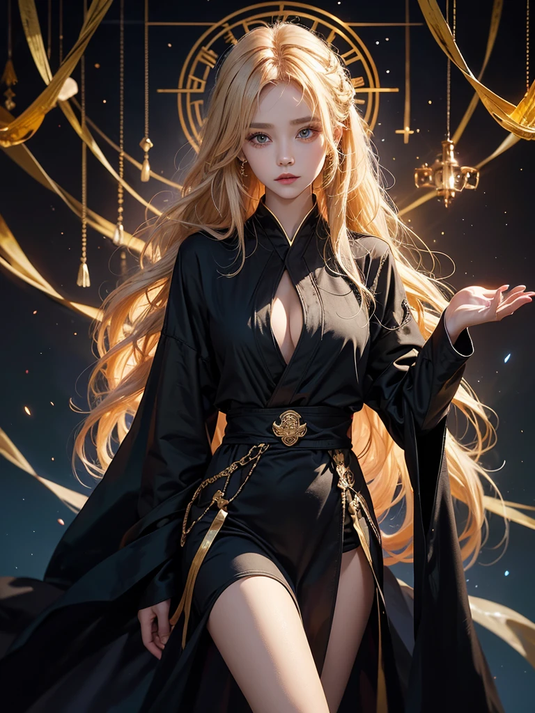 Runic Background、Wearing a black robe、Mage's Clothing、golden hair color、look at the viewer、masterpiece、cute woman、Wearing elegant school clothes