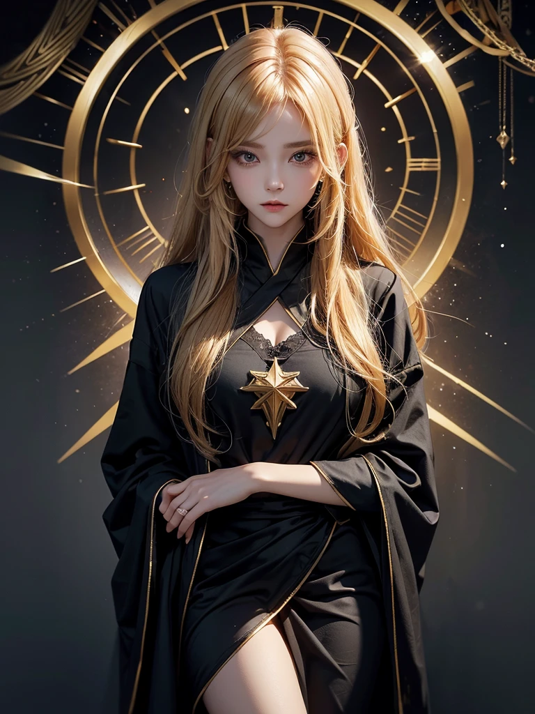 Runic Background、Wearing a black robe、Mage's Clothing、golden hair color、look at the viewer、masterpiece、cute woman、Wearing elegant school clothes