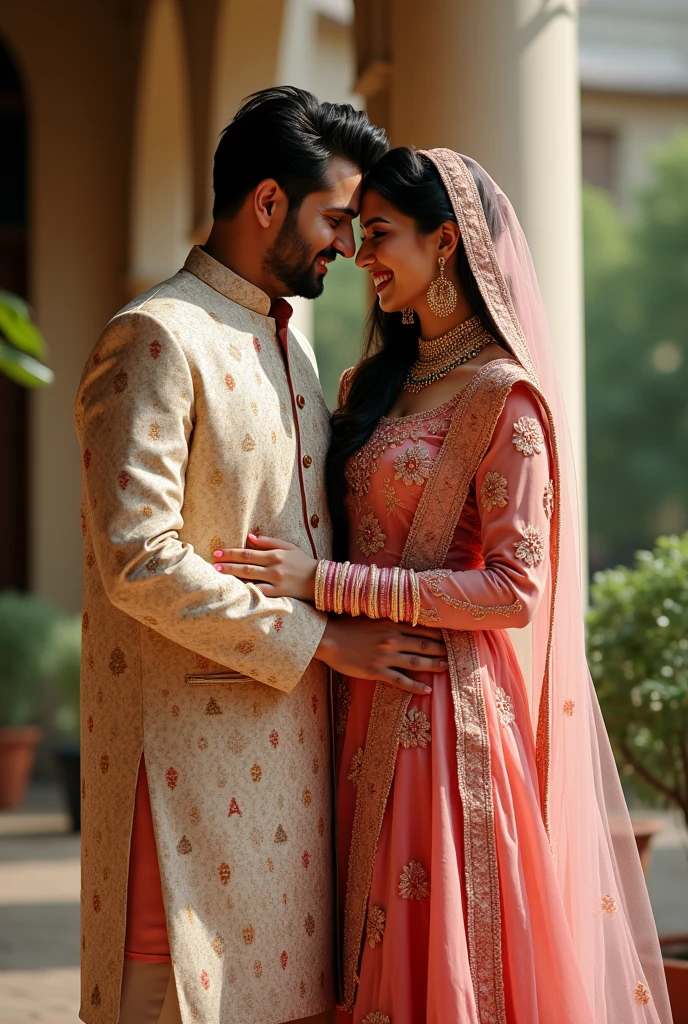 "A couple wearing traditional Pakistani dresses, with intricate embroidery and vibrant colors, posing together. The woman has a beautiful long dress with a dupatta (scarf) draped elegantly around her neck, and the man is wearing a kurta and pajama with a matching waistcoat. They are standing together, smiling, with their arms around each other. On the woman's dress, a letter 'A' is embroidered, and on the man's dress, a letter 'R' is embroidered, symbolizing their love and connection."