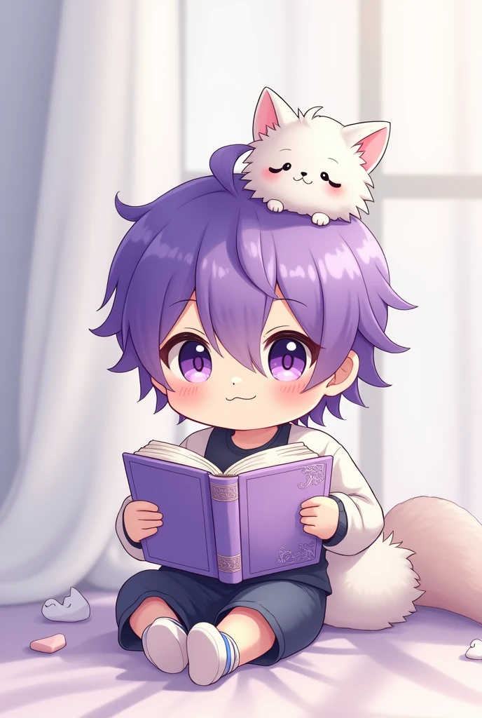 Boy with purple hair with a white cat on his head, sitting reading a lilac-colored book, chibi anime style