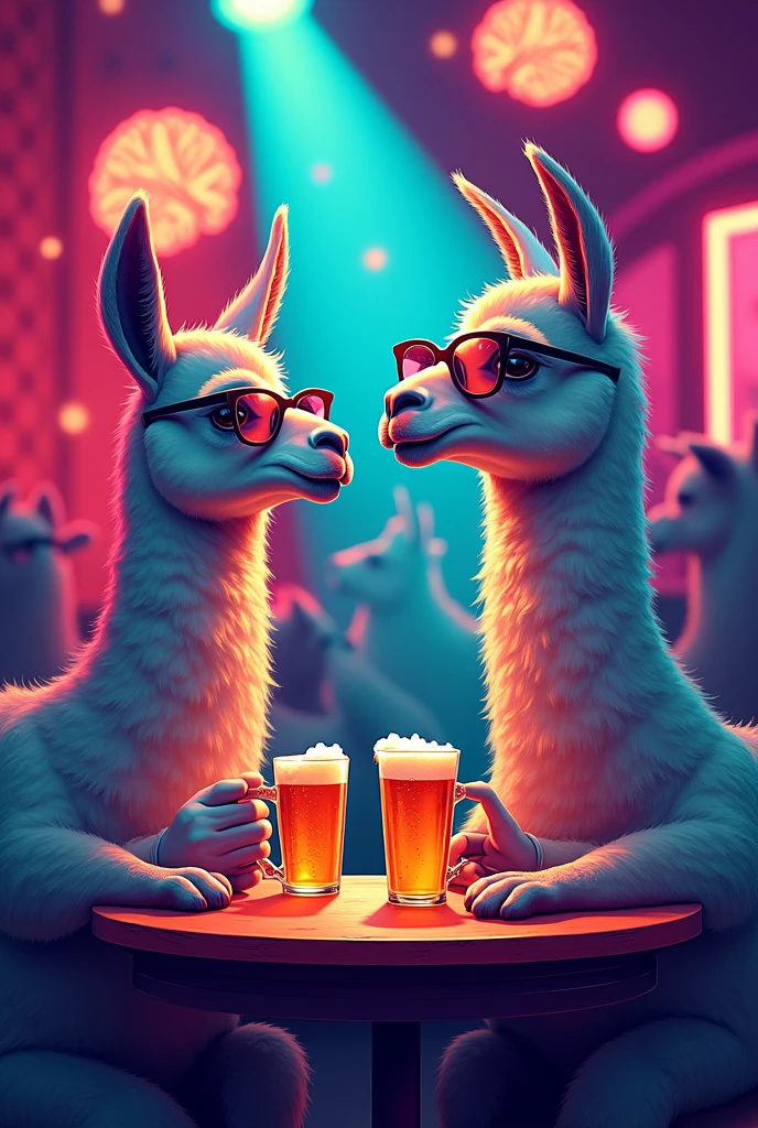 Llamas at a club party, wearing glasses, drinking beer, chatting, scientists, brain icons around them, minimalistic design, bright colors, vector style, with a touch of grunge and gothic aesthetics.