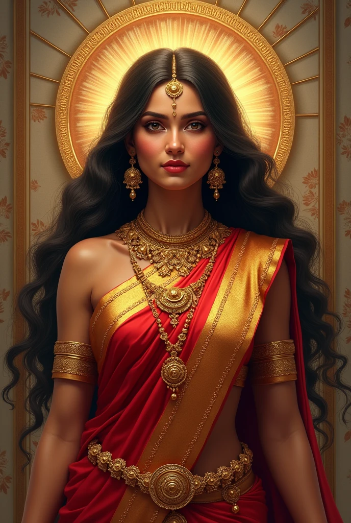 Indian goddess Durga with a text Durga realistic in saree red and jewellery bengali
