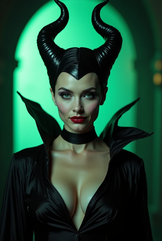 A stunning forward portrait of Maleficent, young and beautiful, hyper realistic, real portrait, backlit, exquisite features, cleavage, sexy, seductive, unnatural light, soft light, location is the interior of a dungeon, green light, eerie, purple highlights, she is smirking, she is busty, her chin is raised, looking down at viewer