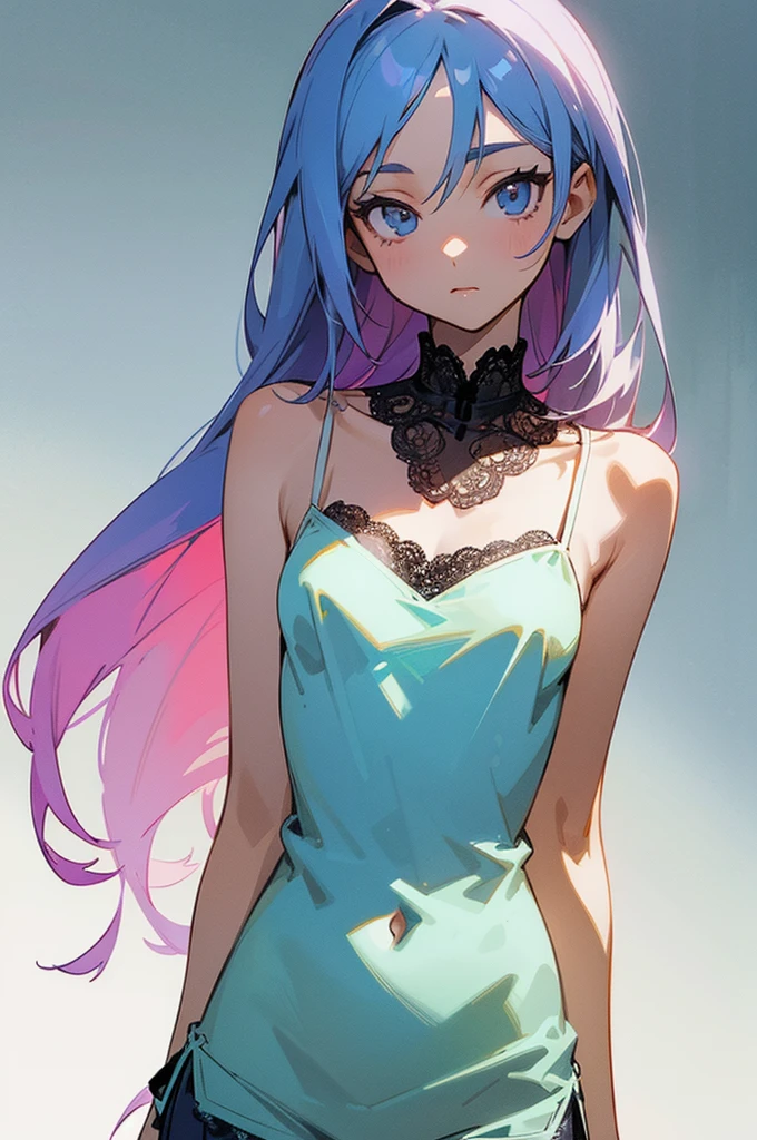 (Super detailed illustration), [Standing picture, upper body, close-up of girl: 0.6], Slim body, Perfect body, Camisole lace, Gradient background, Anime character, (Cute girl: 1.1),