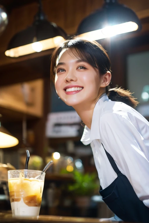 (8k, RAW photo, best quality, masterpiece), (photorealistic), outstanding details, ultra-high resolution, anatomically correct, textured skin, (Extremely precise and accurate anatomy),
Ultra Detailed Face, Detailed Eyes, 

 1 Girl, barista uniform, forehead, pulled back hair, 
(Cute Japanese girl , 1), light smile,
cinematic lighting in the hair, hair light, wind in the hair,
(open cafe), 

(backlighting), 
(reflection light from below:1.4), 
atmospheric perspective, depth of field, 
(dramatic lighting), cinematic lighting, 