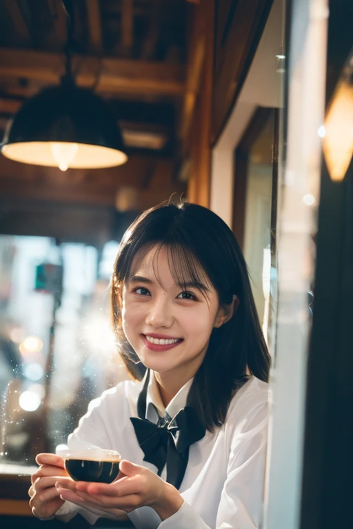 (8k, RAW photo, best quality, masterpiece), (photorealistic), outstanding details, ultra-high resolution, anatomically correct, textured skin, (Extremely precise and accurate anatomy),
Ultra Detailed Face, Detailed Eyes,
1 Girl, barista uniform, forehead, pulled back hair,
(Cute Japanese girl , 1), light smile,
cinematic lighting in the hair, hair light, wind in the hair,
(open cafe),
(backlighting),
(reflection light from below:1.4),
atmospheric perspective, depth of field,
(dramatic lighting), cinematic lighting,