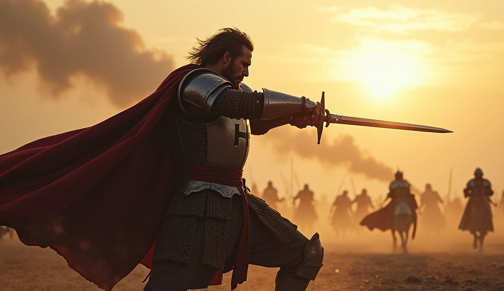(masterpiece, best quality:1.5), (focused on the protagonist:1.4), (short hair, rugged, battle-worn face:1.3), intense expression, medieval knight, cross-emblazoned armor, sword mid-swing, powerful downward strike, dynamic motion, muscles tensed, dust and debris flying, battlefield setting, scattered enemies in the background, sunrise casting golden light, dramatic shadows, cinematic lighting, (front view, centered, full-body shot), cape flowing with the motion, wind sweeping through the battlefield, (hyper-detailed, ultra-realistic:1.4)