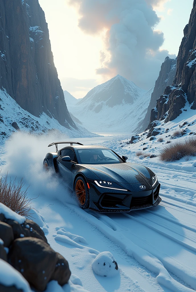 A car passing through a volcano in a cold region