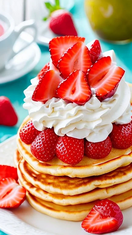 masterpiece,best composition,high resolution,photorealistic,cream and strawberries on pancakes with strawberries sandwiched on top,colorful,looks delicious.