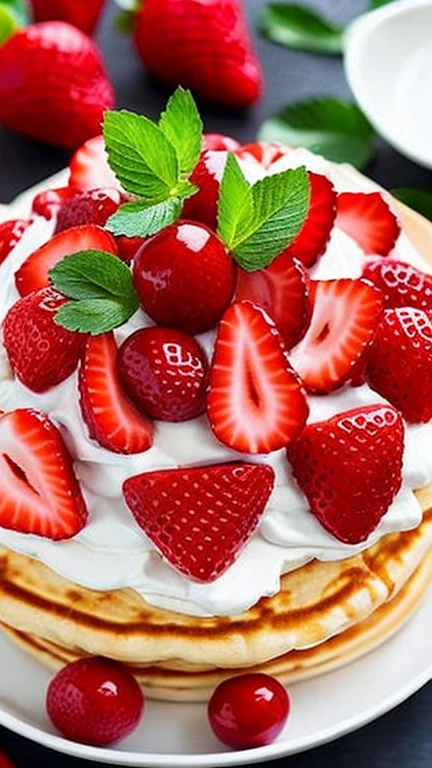 masterpiece,best composition,high resolution,photorealistic,cream and strawberries on pancakes with strawberries sandwiched on top,colorful,looks delicious.