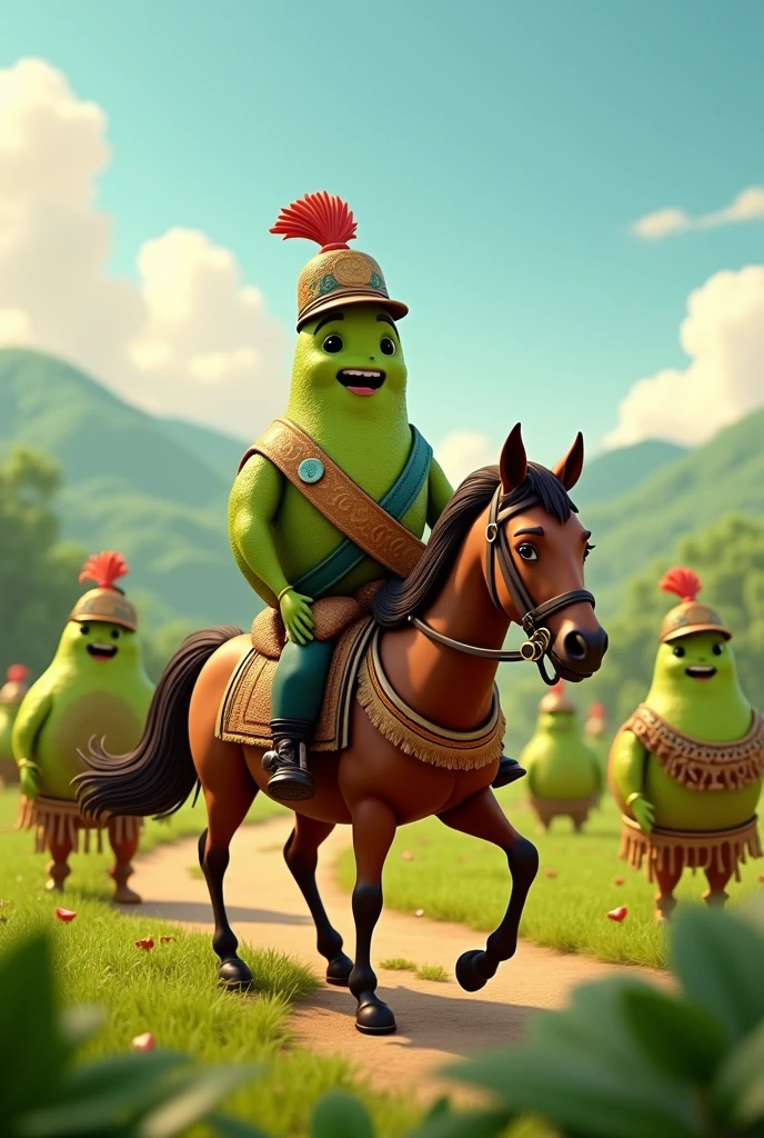 Animated avocado potaxie dressed as Bolivar on a horse arriving at a field with animated avocados potaxies dressed as indigenous people
