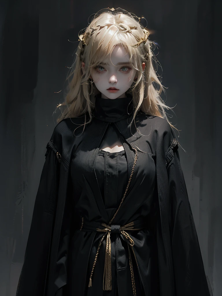 Runic Background、Wearing a black robe、Mage's Clothing、golden hair color、look at the viewer、masterpiece、cute woman、Wearing elegant school clothes