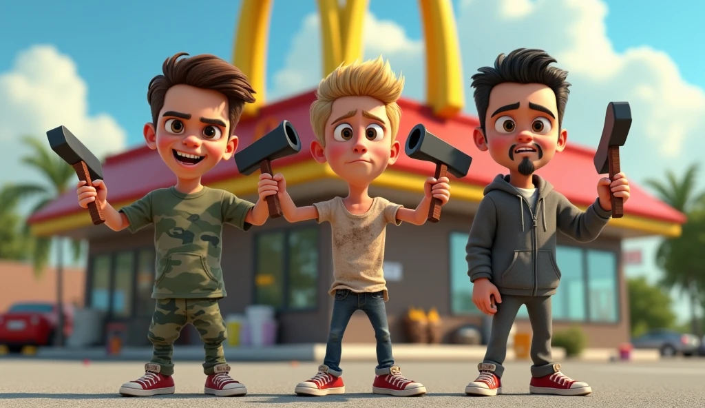 Im Stil von Pixar 3D-Animation filmen (Caricature). Three young men stand in the parking lot of a Mc Donalds. All three have a small club in their hand and look stupid and aggressive.
The first man is slightly taller than the others and wears camouflage clothing.
The second is slightly smaller, has short blonde hair and a crazy look, he is wearing a dirty undershirt.
The third man has short black hair and a narrow black beard, he wears a hoodie.