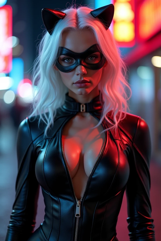 A stunning portrait of Felicia Hardy as the marvel character Black Cat, young and beautiful, hyper realistic, real portrait, backlit, exquisite features, cleavage, sexy, seductive, her hair is white, she is wearing a black leather body suit unzipped to her belly button, she is wearing a thin domino mask, location is city at night. Neon lights