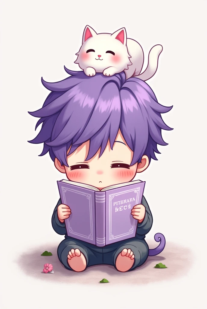Boy with purple hair with a white cat on his head, sitting reading a lilac-colored book, chibi anime style